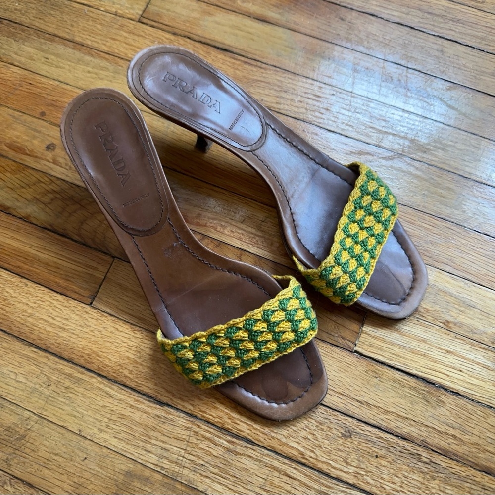 Rare Vintage Prada Green and Yellow Crochet Kitten Heel Sandals